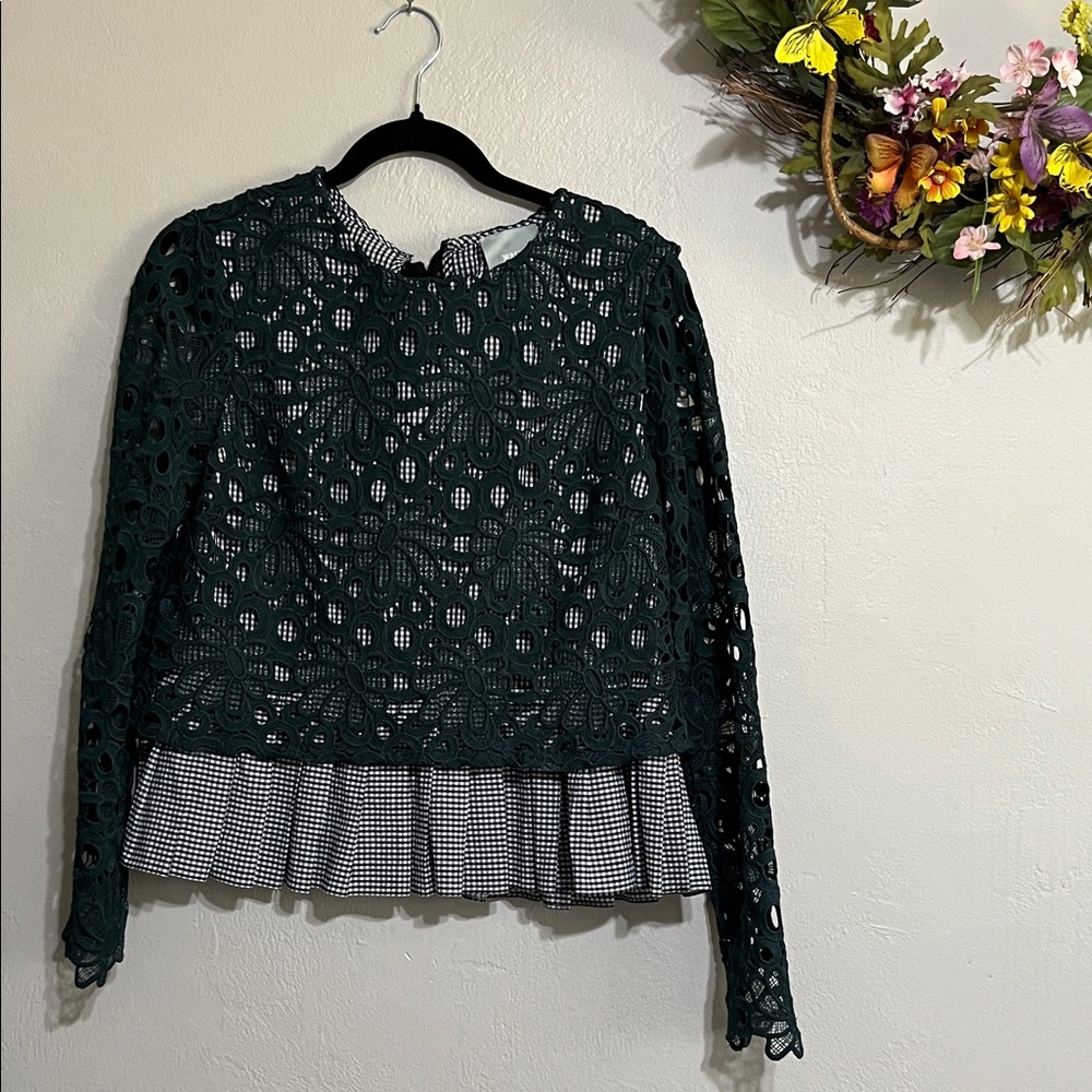 💐Anthropology Mauve Dark Green Crochet & Gingham Blouse